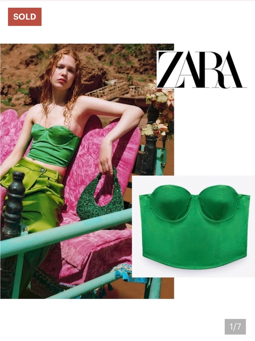 Zara Green satin effect bustier corset crop top Sz L
